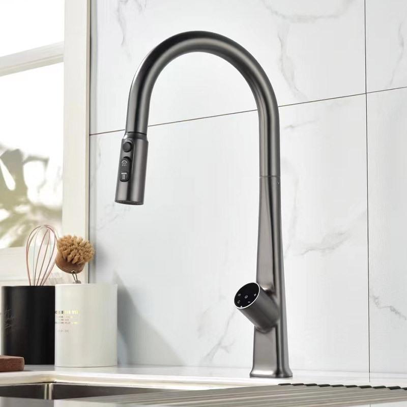 Brass Pull Out Kitchen Sink Faucet Temperature Display Push Switch Hot And Cold Mixer Water Faucet Multifunction Sink Tap