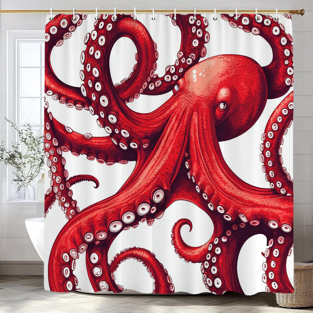 1Pc Octopus Shower Curtain Beach Blue Octopus Design Bathroom Decorative Printed Polyester Bath Curtain With Hooks