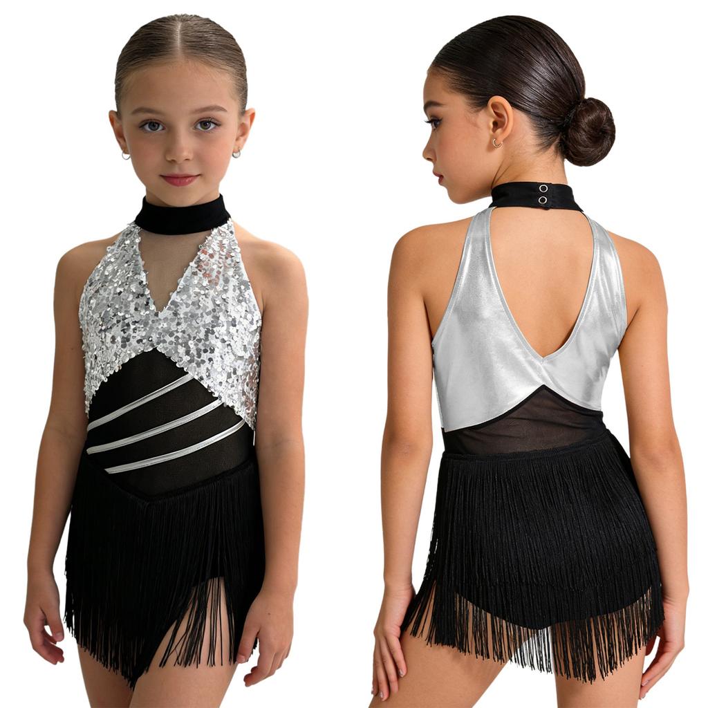 Mädchen Cha-cha Salsa Performance-Leotard: Ärmelloses Neckholder-Kleid mit Pailletten und Fransen, Netz-Taille, Schlüsselloch, Metallic-Rücken für Bühnenkostüm