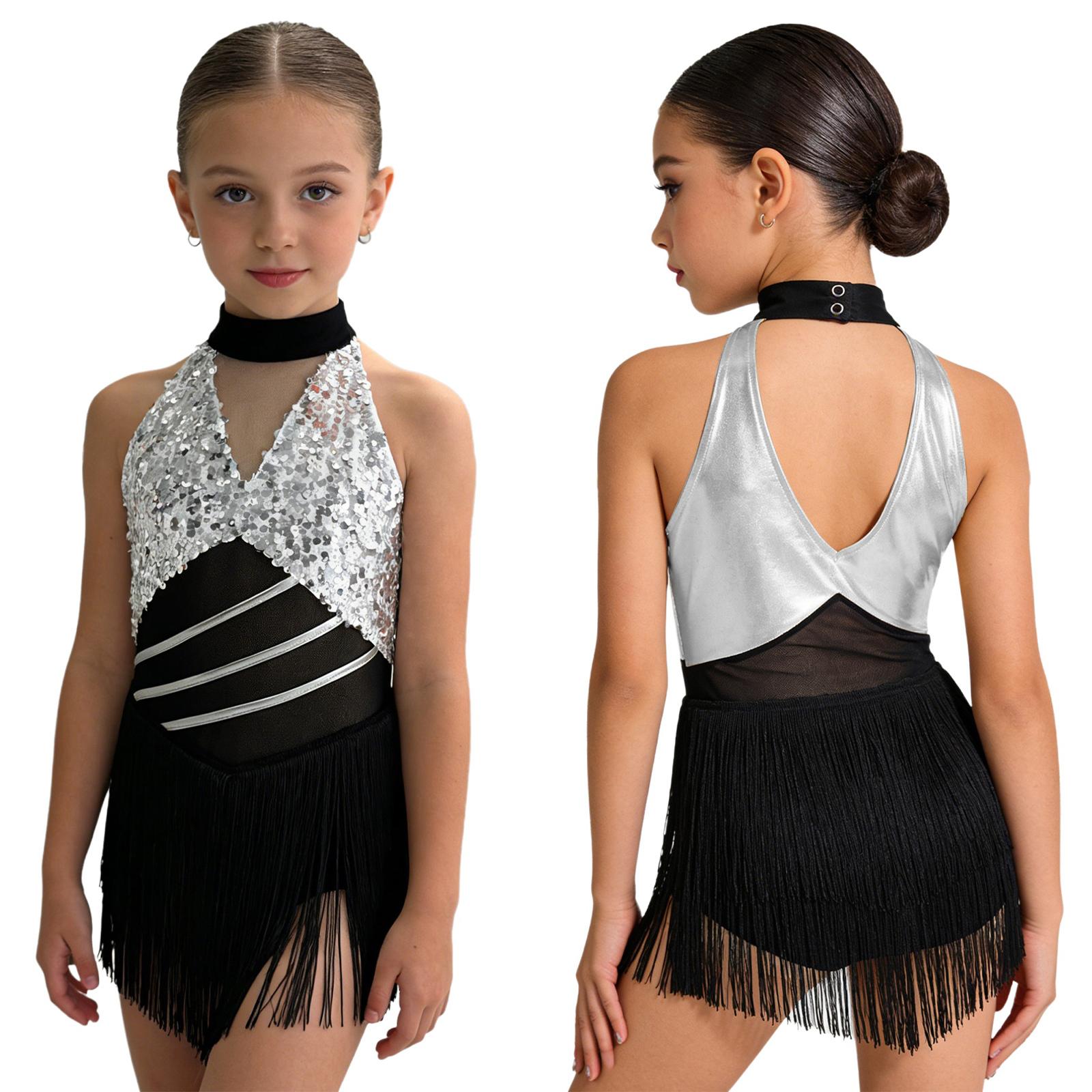 

Shiny Sequins Tassels Leotard for Girls: Halter Sleeveless Mesh Waist Keyhole Metallic Back Design for Cha-cha Salsa Latin Dance 11-12 Years білий