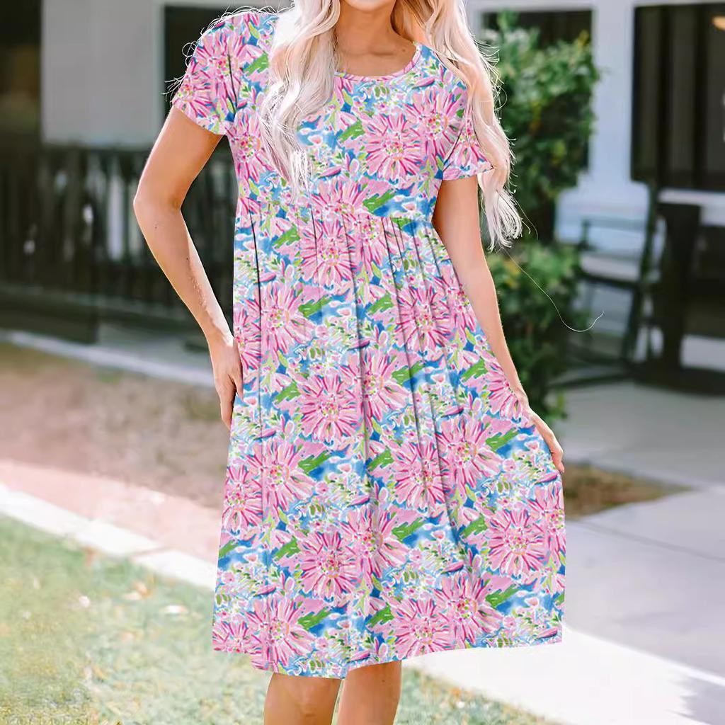 Women's Short-sleeved Round Neck Printed Knee-length Dress