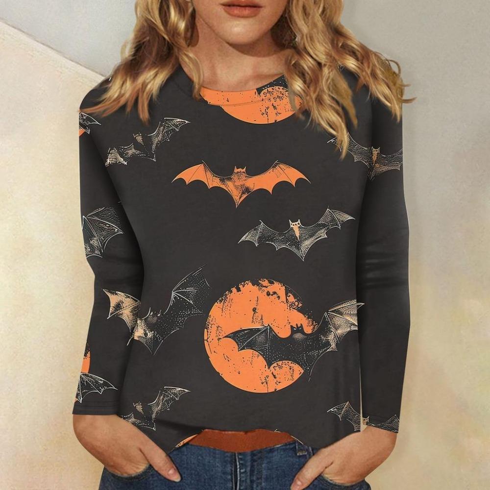 Fashionable 3D digital printed Halloween bat pattern women's round neck long sleeved T-shirt