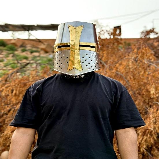 Medieval Templar Knight Helmet – Silver Finish, Mason's Brass Cross, Cosplay Armor