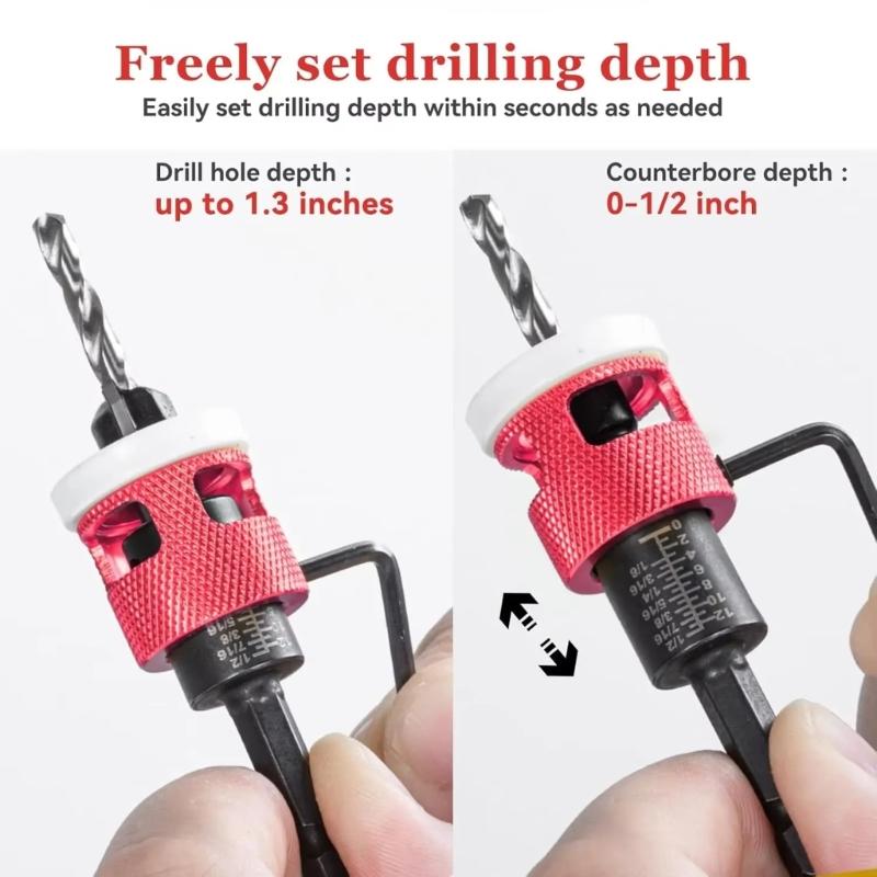 Pack of 5 Hex Shank Countersink Drill Bits with Adjustable Depth Stop Tapered Bits for DIY Projects and Professional Use