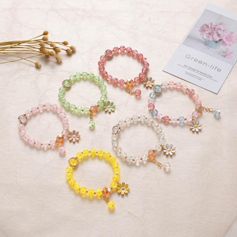 Elegant Crystal Flower Beaded Bracelet for Women Strand Beaded Bracelet Jewelry Strawberry Daisy Flower Wristband Chain