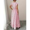 Summer Floral Printed Long Dress with Ruffled Short Sleeved V-neck Fashion Big Swing A-line Holiday Party Dress Elastic Waist Loose Casual Clothing