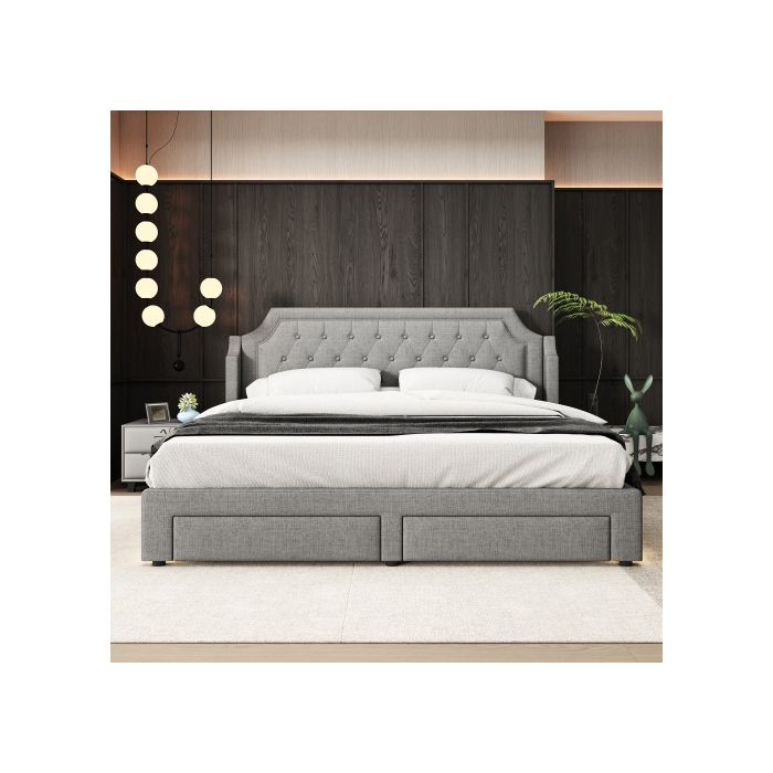 Lit rembourré - MUVOE - 180x200 cm - 2 tiroirs - Éclairage LED - Lin gris