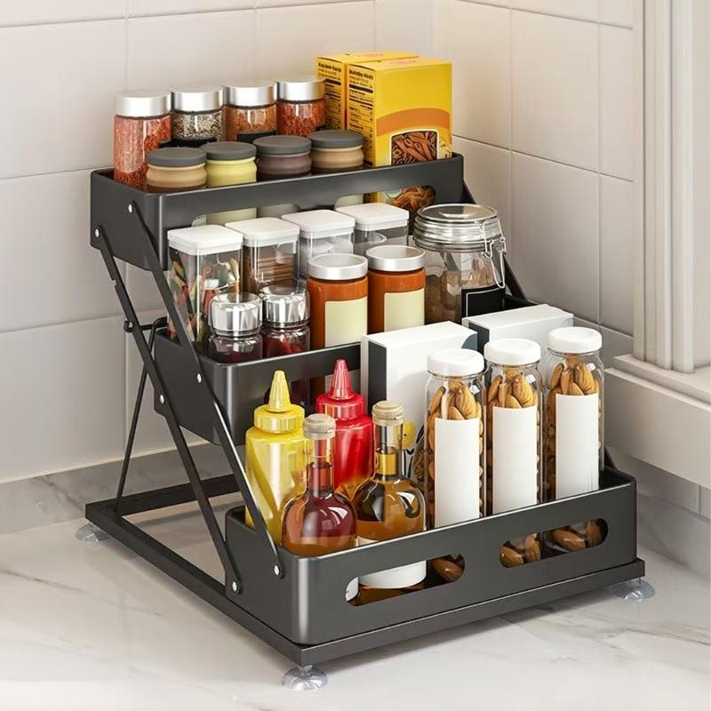 Kitchen Bottle and Jar Shelf, 3 Level Storage Rack with Height Change Support and Grip Feet for Cabinet or Sink Side