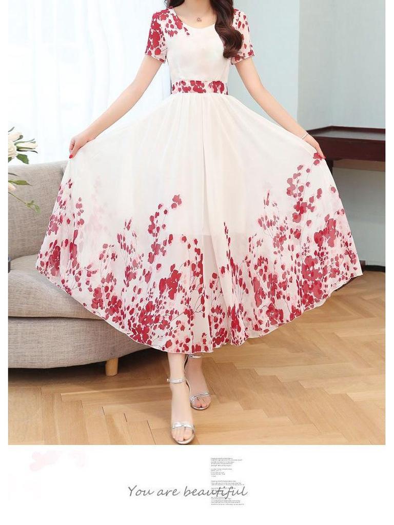 Elegantes Sommerkleid mit U-Ausschnitt, hoher Taille und A-Linie für Frauen mittleren Alters