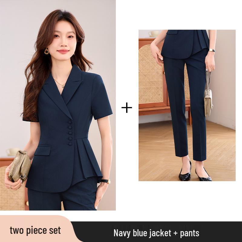 Gray Women's Short-Sleeved Suit Set: Summer Petite Professional Formal Wear for Jewelry Store Managers and Beauty Salon Workwear