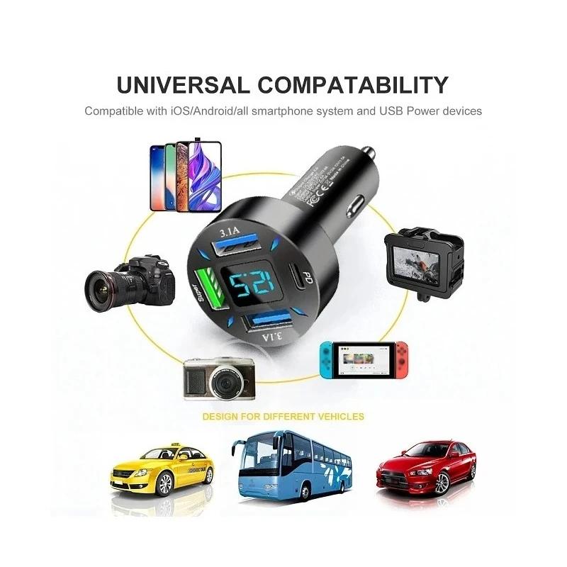 Smart 4 Port Car Charger - PD USB C Fast Charge with Digital Screen Blue Light
