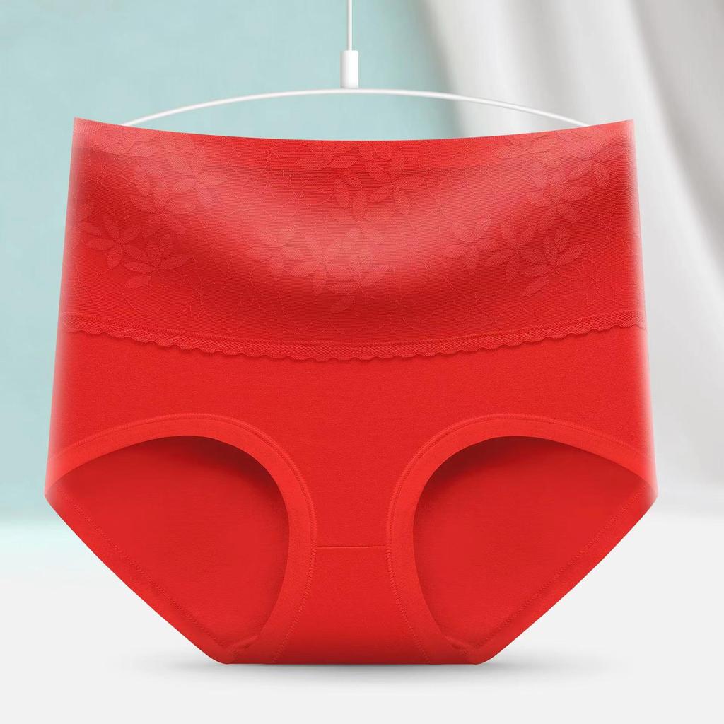 Women's High-Waist Cotton Lace Tummy-Tightening Seamless Briefs, Comfortable Hip-Lifting Large Size