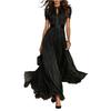 Women High Neck Lace Trim Chiffon Maxi Dress Short Puff Sleeve Keyhole Front Pleated Waistband Flowy Hem Elegant Long Dress