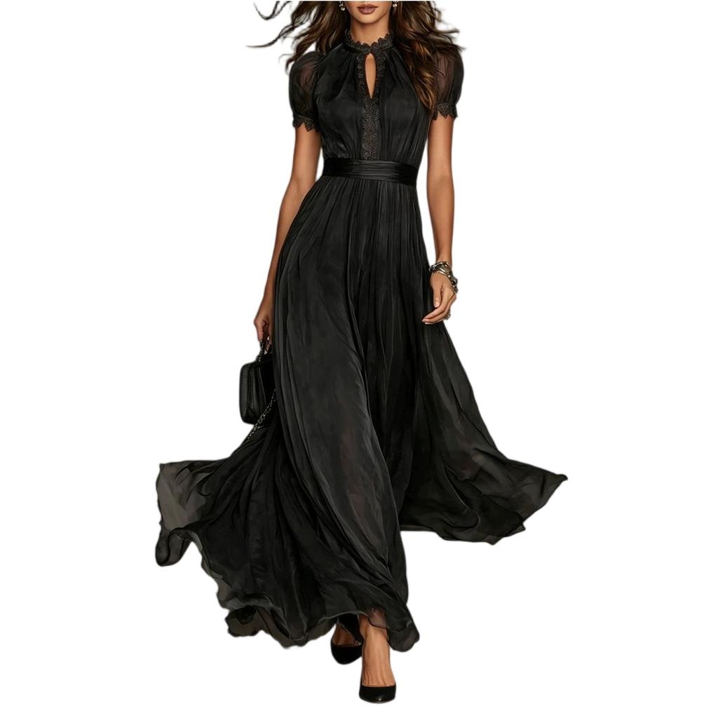 Women High Neck Lace Trim Chiffon Maxi Dress Short Puff Sleeve Keyhole Front Pleated Waistband Flowy Hem Elegant Long Dress