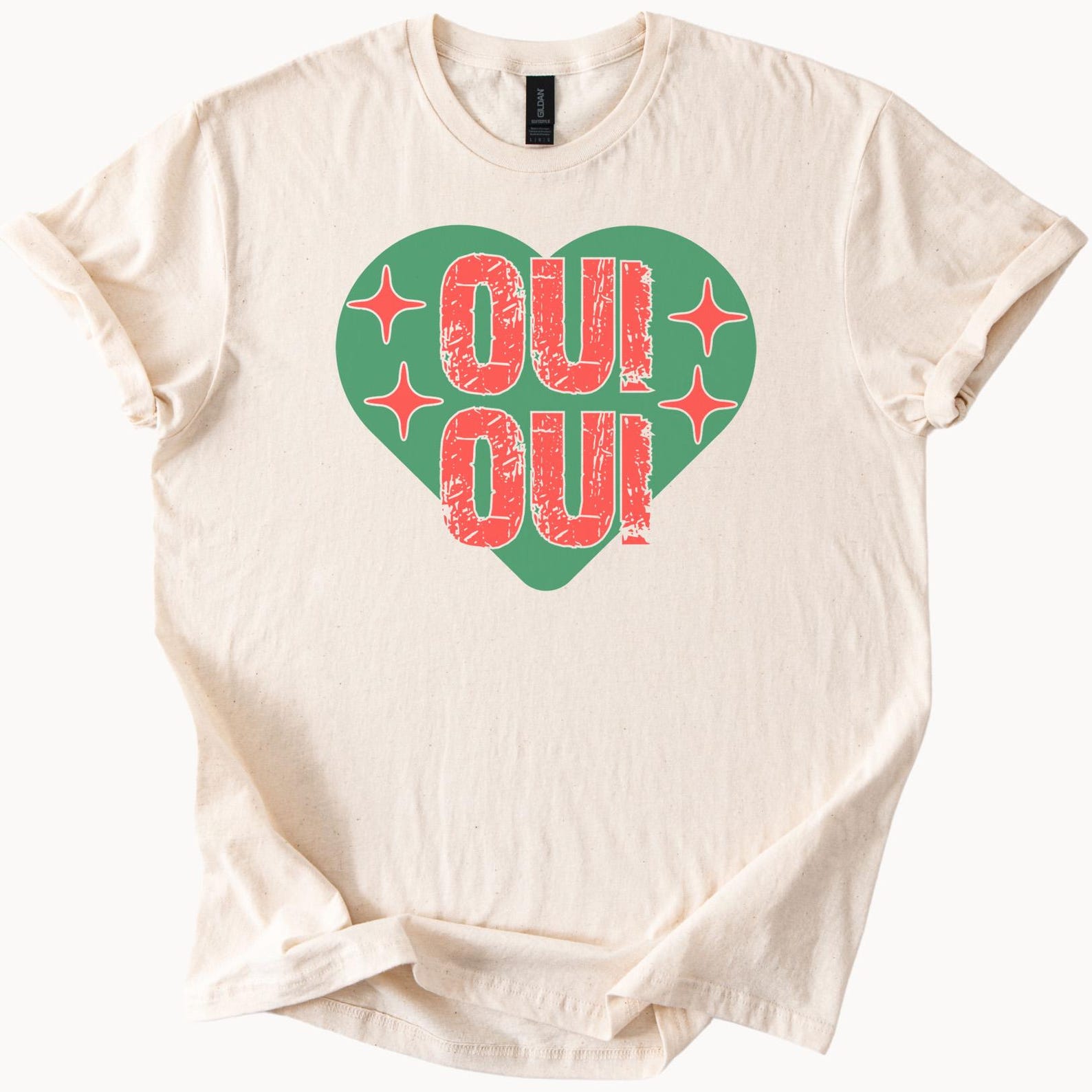 Oui Oui French Heart Graphic Tee Distressed Retro Style Cute Paris France Inspired Shirt Fun Statement Top Gift for  Men Trendy Apparel 100