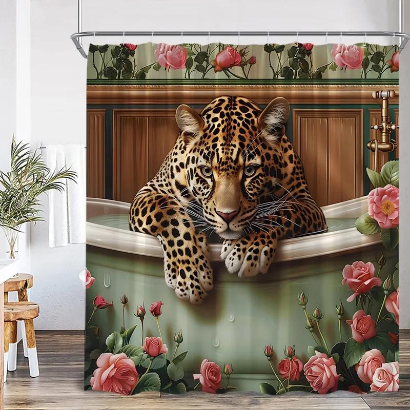 Floral Leopard Shower Curtains Watercolour Jungle Flowers Plants Wild Animal Bath Curtain Fabric Home Bathroom Decor with Hooks