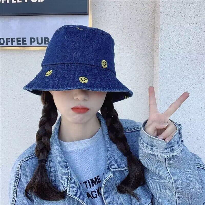 Cheap Bucket Hats for Girls and Ladies Students Fisherman Hat Spring Summer Smiling Face Cute Female Cowboy Caps Custom Okay