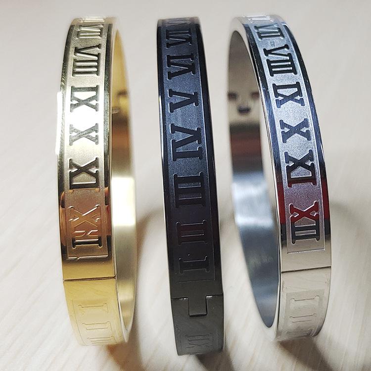 Edelstahl Armreif Römischer Buchstabenverschluss Geometrisch Eingelegt Silberfarben Modeschmuck