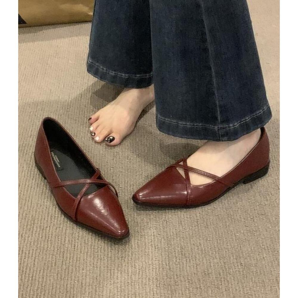 

Fashion New Women s Boat Shoes Pointed Toe Slip on Cross-tied Pumps New Designer Woman Flats Zapatos Mujer Leather Shoes 35 вино красного