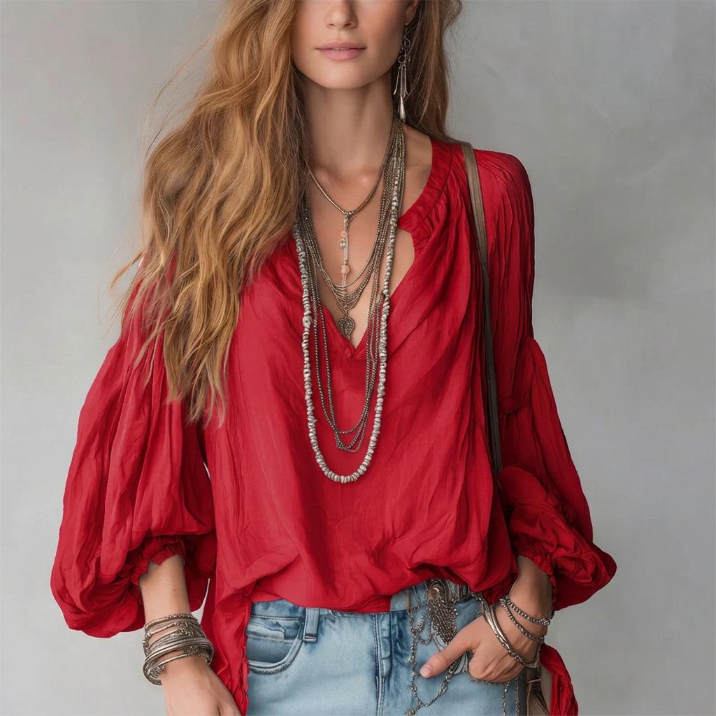 Dames V-hals Lange Mouwen Blouse Effen Kleur Casual Losse Pasvorm Strandvakantie Top