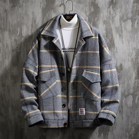 Men's Korean Plaid Woolen Coat - Autumn/Winter Casual British Lapel Windbreaker