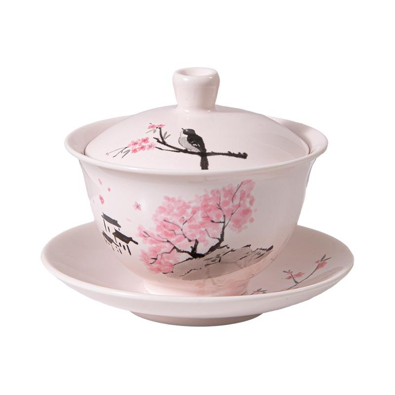 Peach Blossom Cover Bowl Kung Fu Tea Cover Bowl Tea Office Tea Cup Ceramic Single Flower Tea Bowl Gift Souvenir