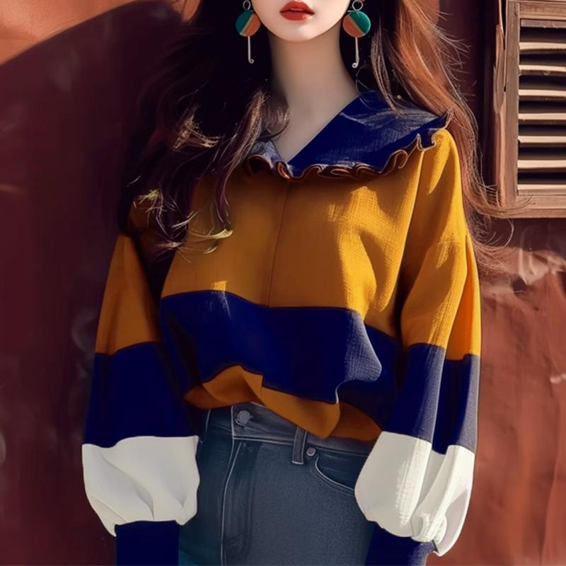 

VONDA Женские осенние блузки с длинным рукавом и контрастным лацканом 5XL