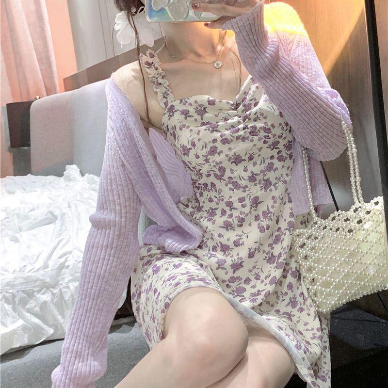 Women's Floral Suspender Dress Set: Sweet & Spicy Summer Style with Short Skirt and Sun Protection Cardigan.
