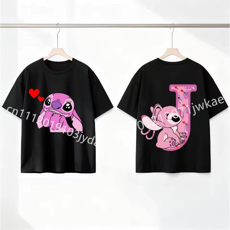 Stitch Angel Letter A-Z Cartoon Black Kids Pink T Shirt Summer Cute Boys and Girls Short-Sleeve Top Casual Breathable Clothing