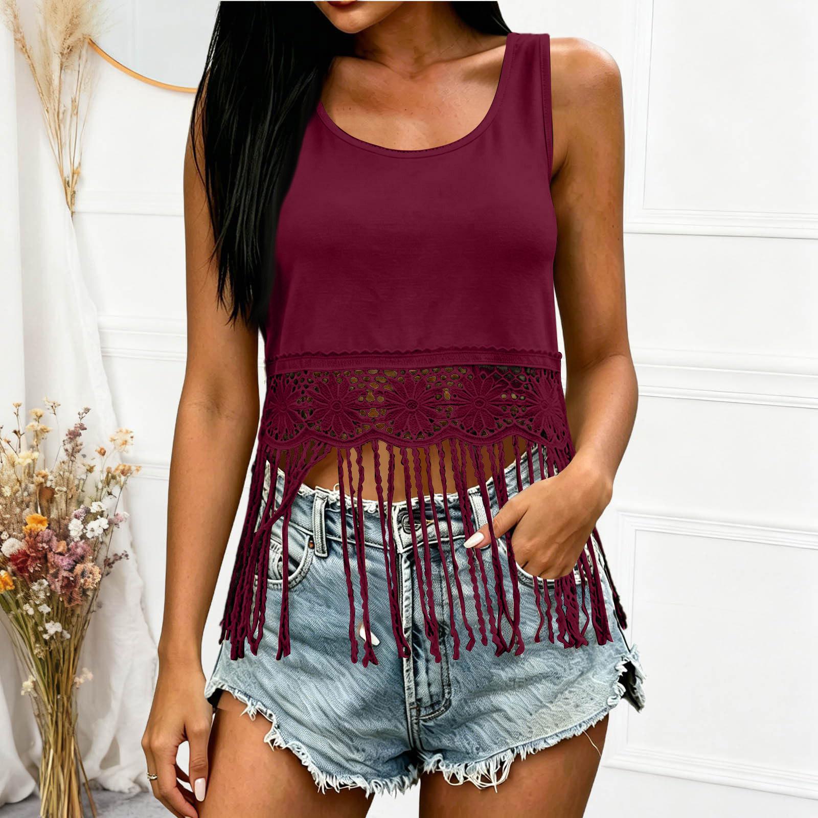 

Women s Sleeveless Lace Fringe Tank Top Casual Summer Blouse Lightweight Breathable Crochet Hem Tunic Shirt for Outdoor Wear XL винний