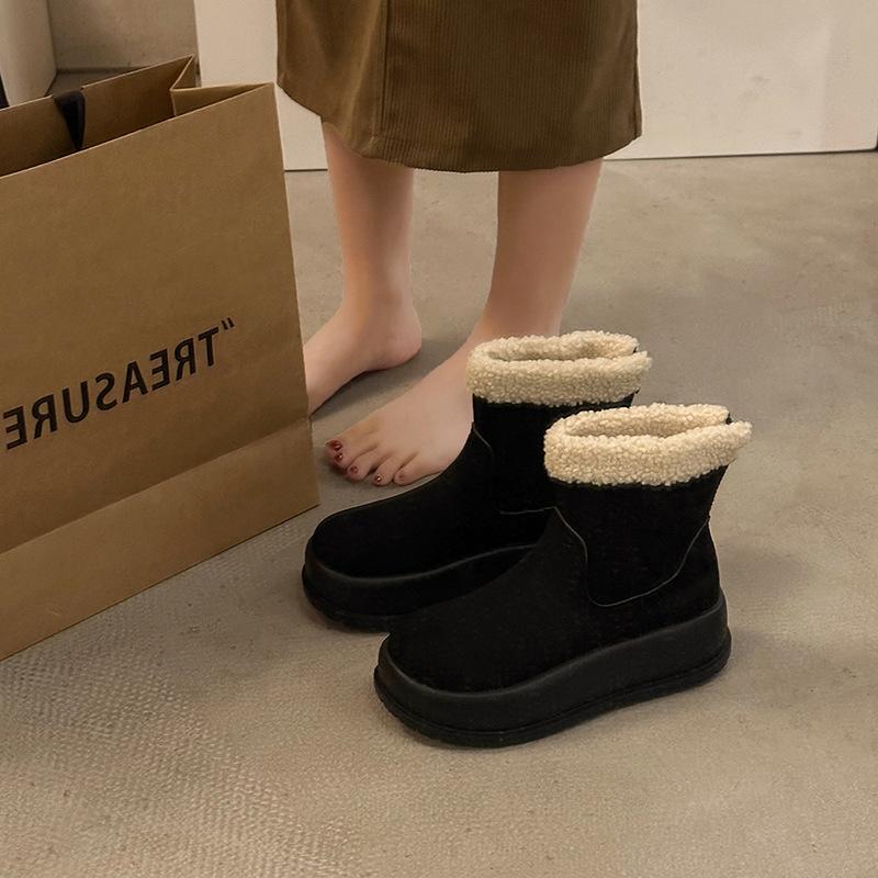 Thick-soled Snow Boots Women's Winter New Ugly Cute Bread Fluffy Short Boots Retro Velvet Warm Cotton Shoes