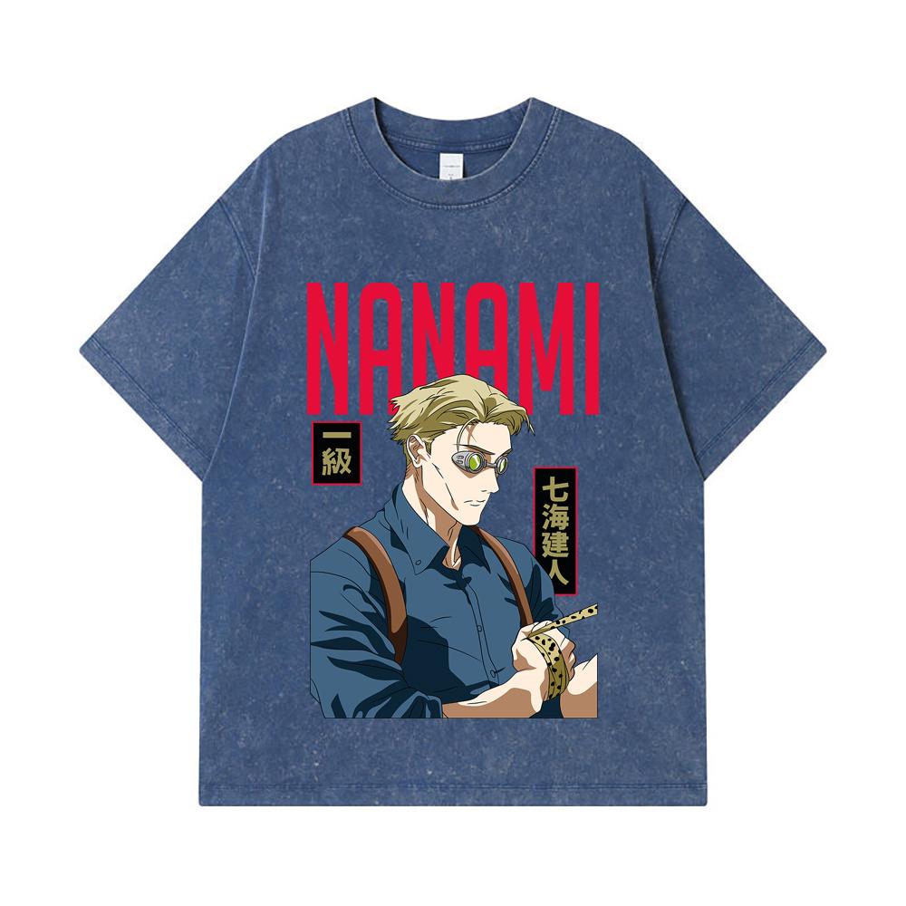 275 GSM Washed T-shirts 100% Cotton Jujutsu Kaisen V60 Nanami Print Unisex Heavy Cotton T Shirt