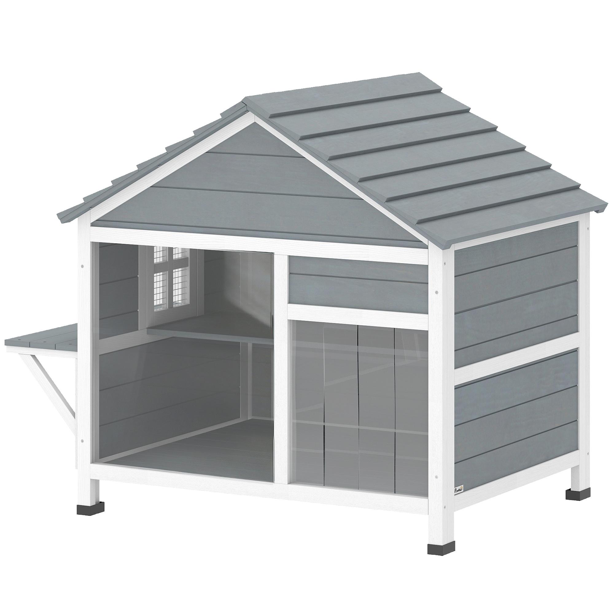Maisonnette pour chat d'extérieur avec toit ouvrant, fenêtre panoramique, porte à persiennes et plateforme de repos 101x72,5x81cm Gris