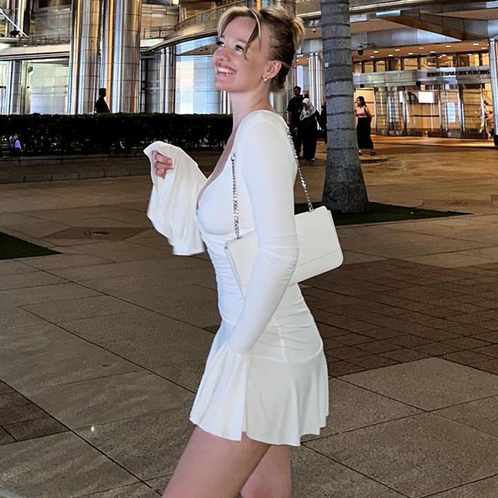 Women's 2024 Autumn/Winter Solid Color Low Neck Long Sleeve Ruffle Dress