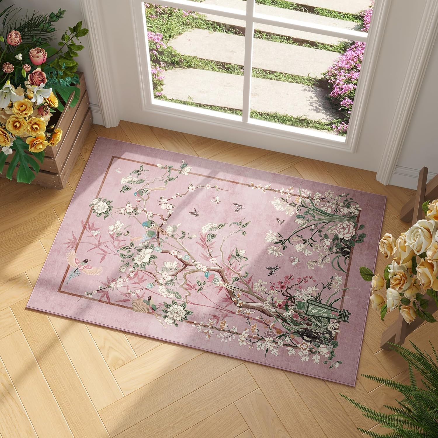 

Chinese Traditional Flower and Bird Carpet Peony Butterfly Floor Mat Elegant Rectangular Home Decoration Living Room Floor Mat 40x60cm
