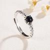 Retro Black Agate Adjustable Ring for Women - Imitation Thai Silver with Engraved Cloud Pattern.