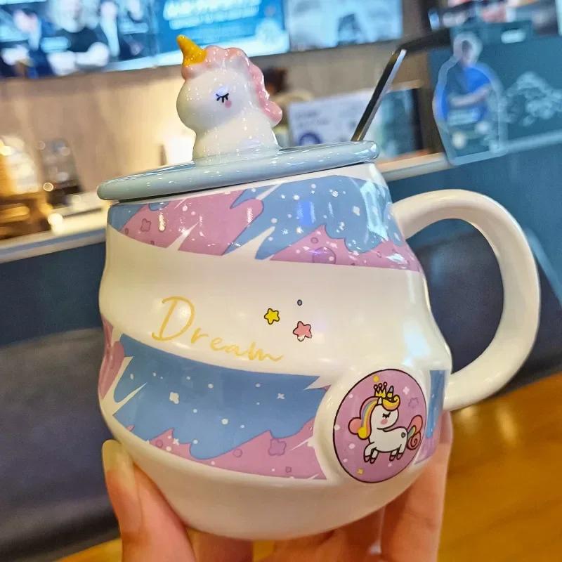 Creative Unicorn Ceramic Mug,Cartoon Covered Spoon Coffee Mugs,Cute Couple Water Cup, Breakfast Milk Cups, Birthday Gift Tea Cup