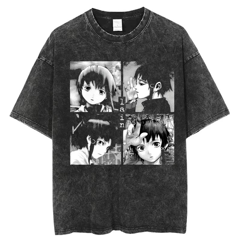 Anime Serial Experiments Lain Vintage Gewaschenes T-Shirt Sommer Herren Damen T-Shirt Baumwolle Harajuku Übergroß Kurzarm T-Shirts Oberteile