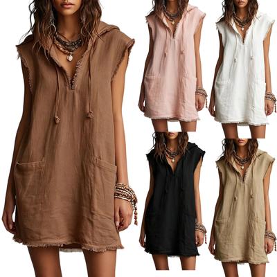 Women Sleeveless Hooded Mini Dress Raw Edge Hem Casual Loose Fit Lightweight Summer Beachwear