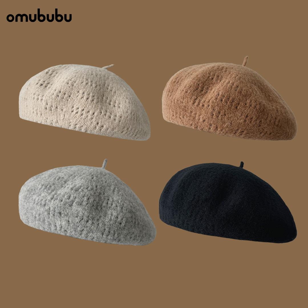 

New hollow pure wool beret women s autumn and winter warm wool knitted hat showing small face and big head circumference hat Adult average size (56-58cm) сірий колір