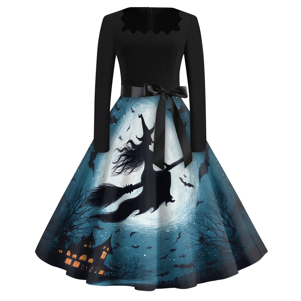 Women's Casual Vintage Halloween Dress Long Sleeve Square Neck A-Line Midi Dress with Printed Skirt and Waist Tie for Seasonal Wear