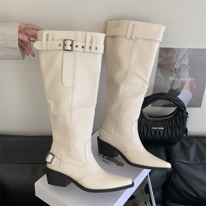 Women with Big Tube Circumference Boots 2025 Autumn and Winter Look Thin But Knee Long Boots Pointed Thick Heel Belt Buckle Pile Boots Women