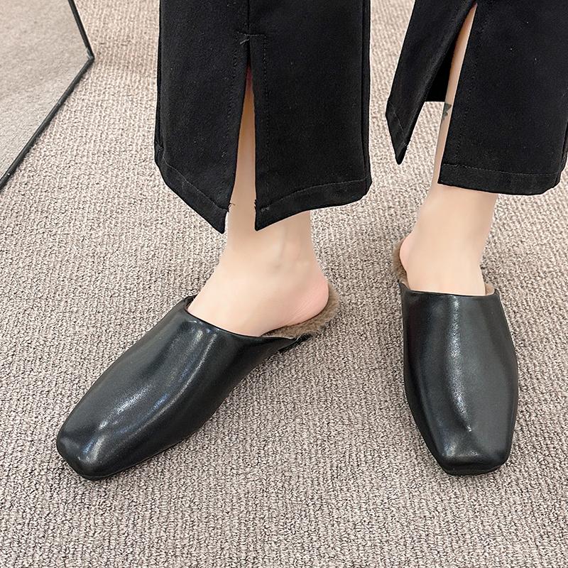 Fashion Retro Square Soft Wool Slippers Women Fall and Winter Solid Color Fashion Joker Leisure Plush Lazy Flat-bottomed Baotou Slippers