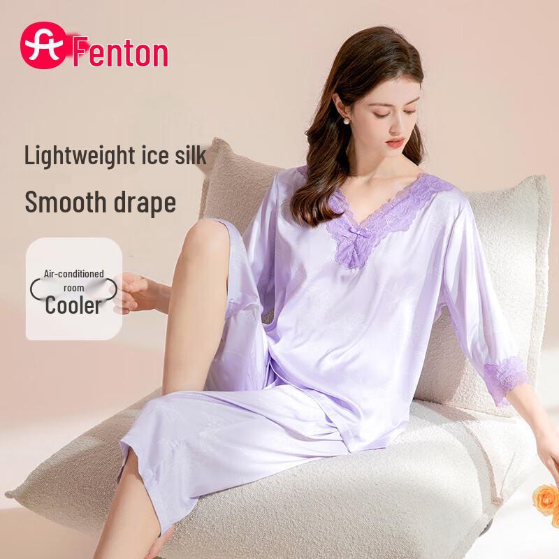 Fen Teng Women s Ice Silk Lace Pajama  Lounge Set XXL