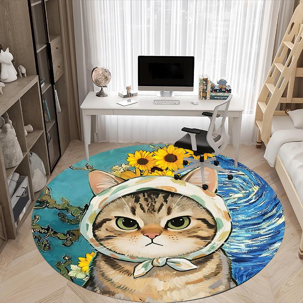 1PC Cat Sunflowers Office Round Area Rug,  Mat Suitable ForOffice, Under Office Chairs Bedroom Living Room Home Decor, Room Deco