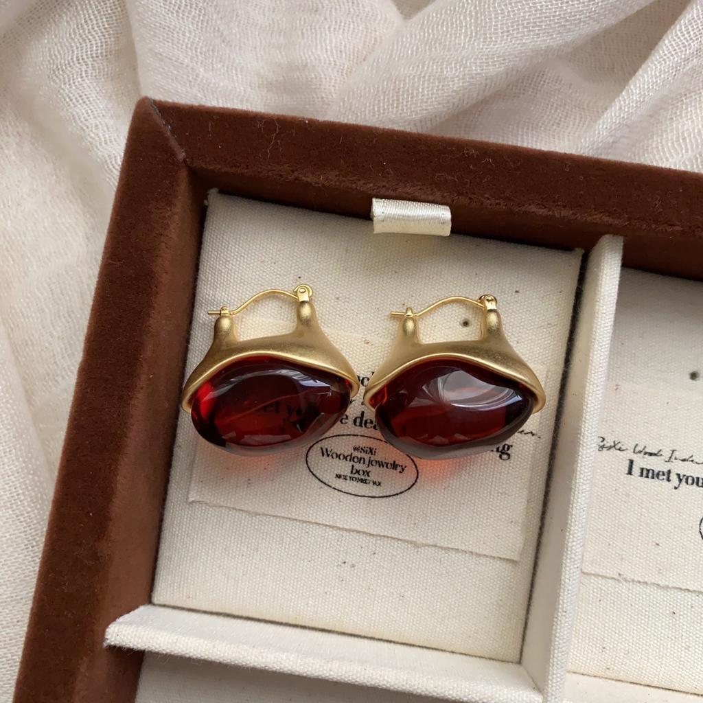 Unique Niche French Retro Cold Wind High-End Ear Buckle Brass 22K Real Gold Simple Circle Temperament Earrings