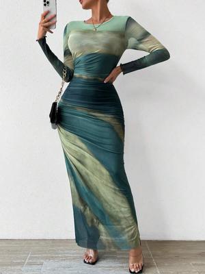 2024 European & American Fashion Mesh Print Ruffle Bodycon Dress