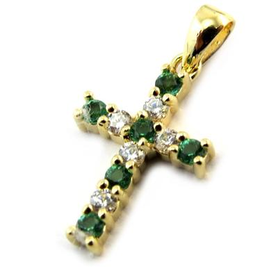 [N4056] - Gold Plated 'Cross' Emerald White Golden Pendant