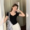 Korean Irregular V-neck Button Front Shoulder Short-sleeved T-shirt Women's Early Summer New Pleated Slim-fitting Waist Top