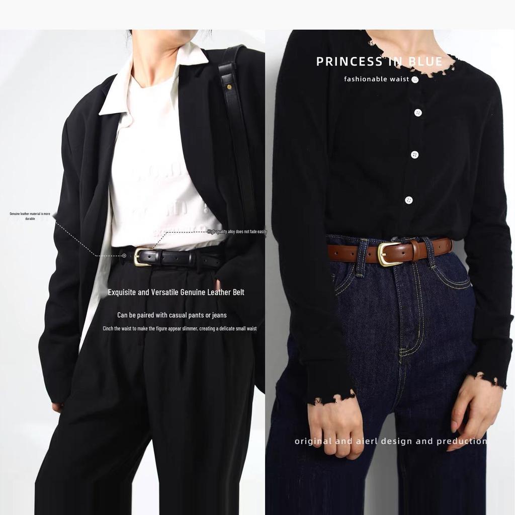 Women's Black Genuine Leather Fashion Belt with Decorative Buckle for Jeans and Trousers 2025.